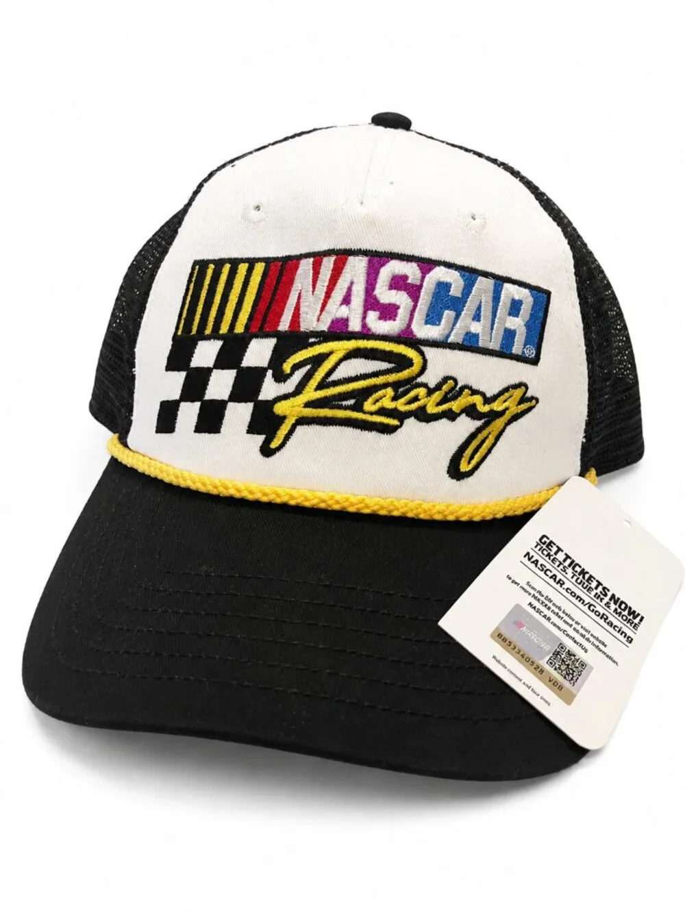 NASCAR Racing Rope Trucker Hat NWT Black White Mesh Snapback Vintage Style Cap